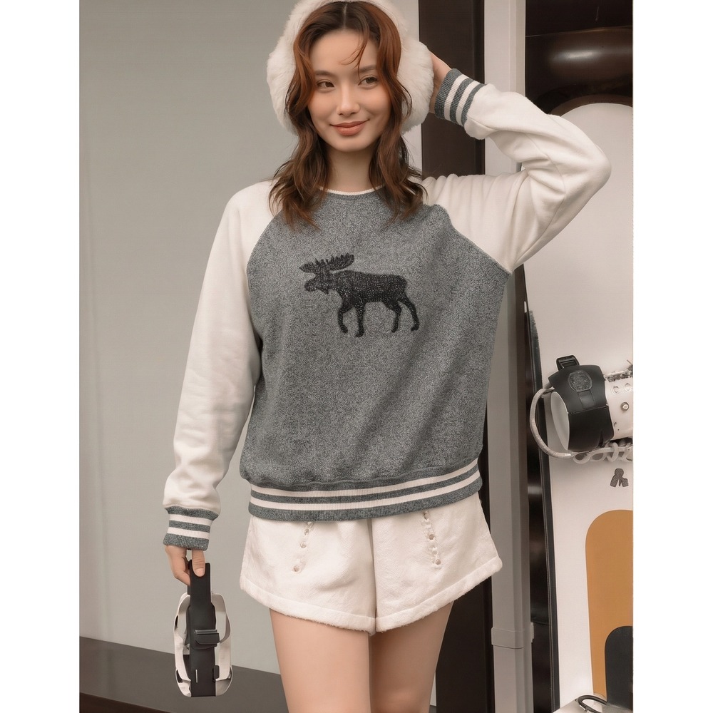 Hatley Heritage Grey Cream Moose Applique Raglan Sweatshirt Women's XL XL/TG